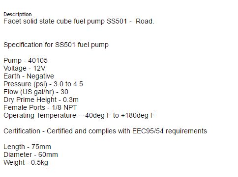 SS501 FUEL PUMP 40105 12V (18040105) 