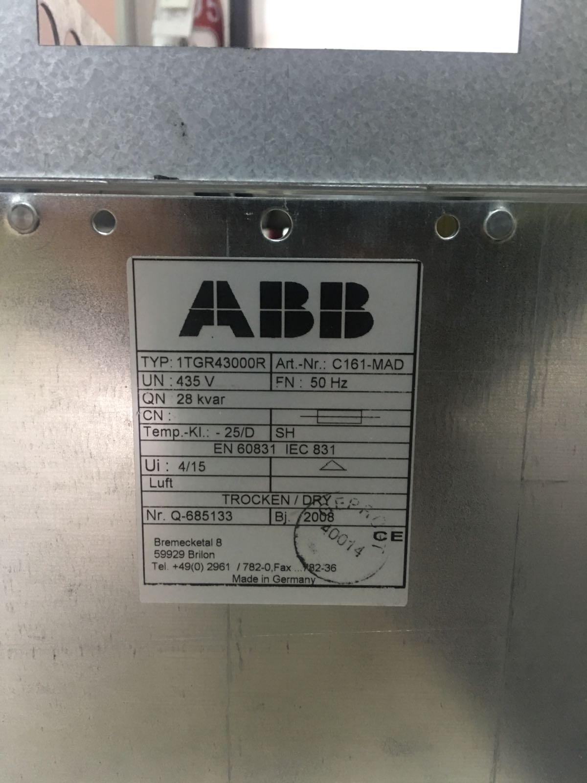 TYP: 1TGR43000R Art. Nr.:C161-MAD no longerABB product/new brand Condensator Dominit - code C161-MAD - CLMD-MNS-435/50-1x28