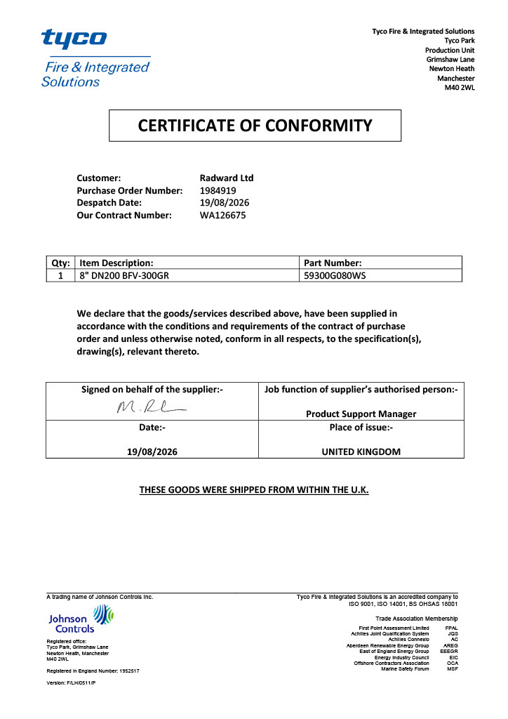 Certificate of Conformity for  59300G080WS