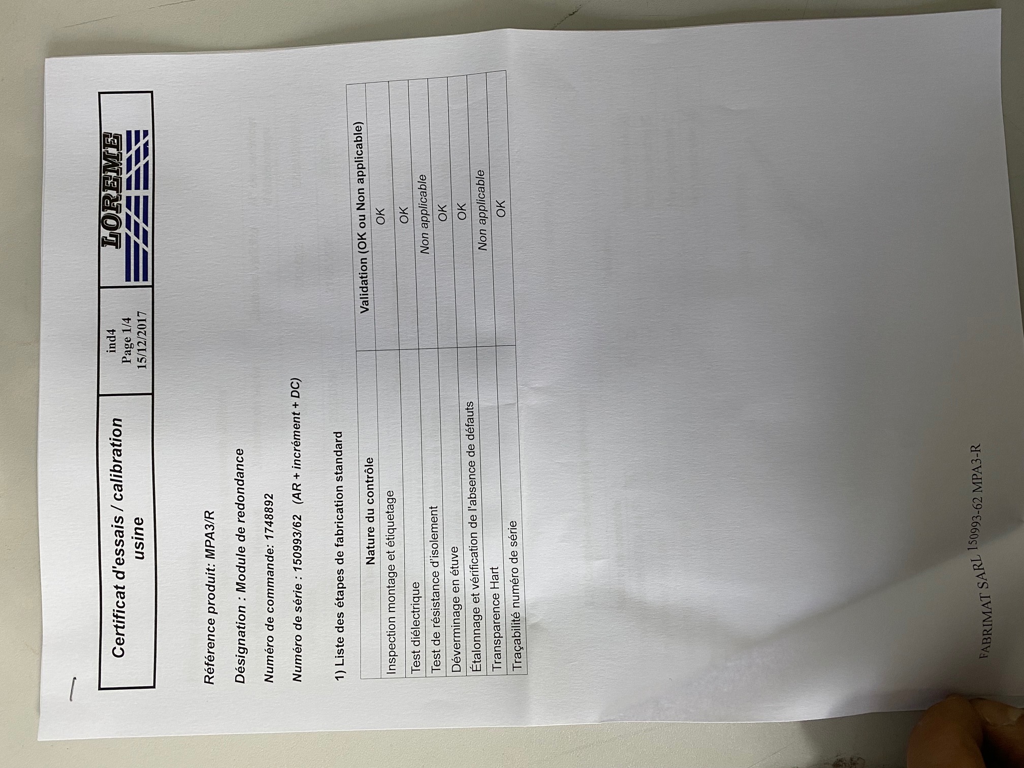 Individual factory test certificate for MPA3/R